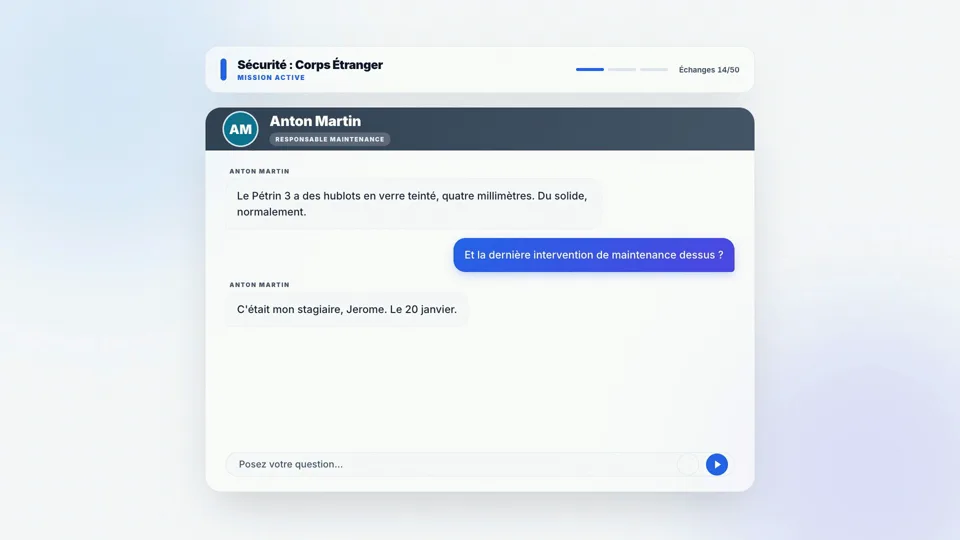 Projet QSE : l'écran d'enquête où l'on interroge des personnages pilotés par IA.