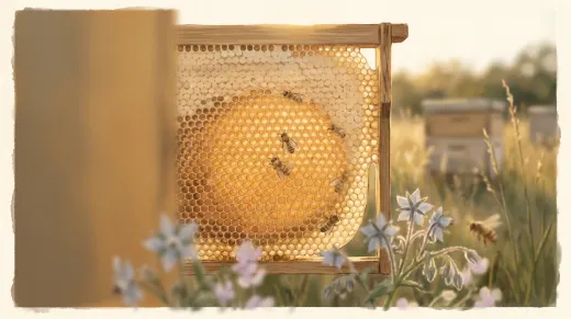 La couche d'arrière-plan, seule : la prairie floue au soir, deux ruches pâles, les herbes à contre-jour.
